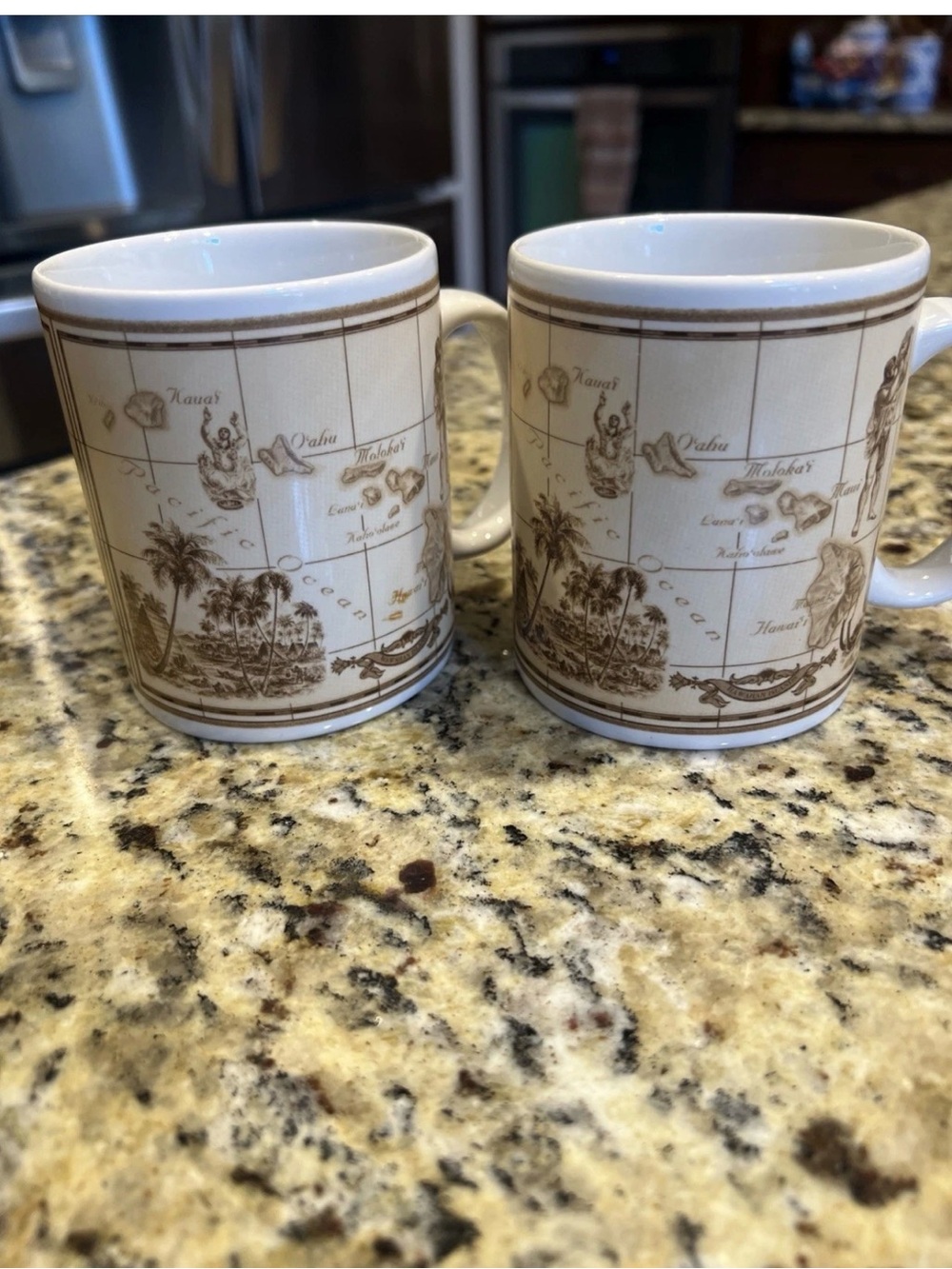 Vtg 1997 Island Heritage Hawaiian Islands Map Coffee Mug Cup Sepia Tan Lot of 2